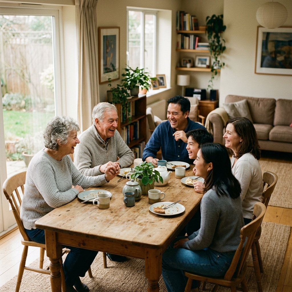 A warm, candid three-generation multigenerational family sitting around a sunlit dining table sharing a meal and laughing together